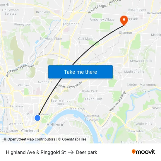 Highland Ave & Ringgold St to Deer park map