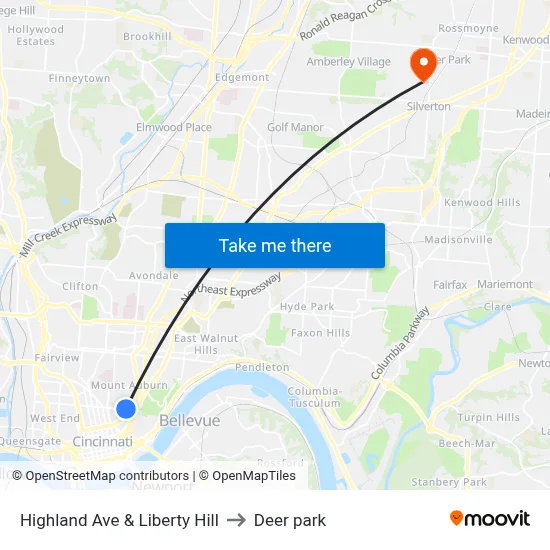 Highland Ave & Liberty Hill to Deer park map
