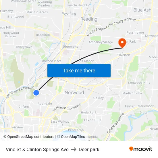Vine St & Clinton Springs Ave to Deer park map