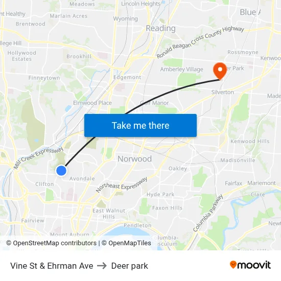 Vine St & Ehrman Ave to Deer park map
