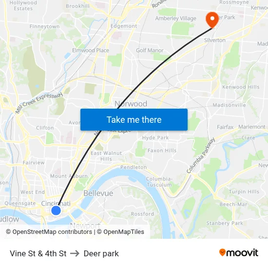 Vine St & 4th St to Deer park map