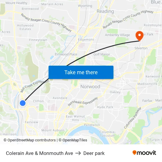 Colerain Ave & Monmouth Ave to Deer park map