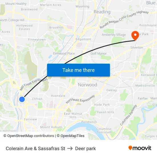 Colerain Ave & Sassafras St to Deer park map