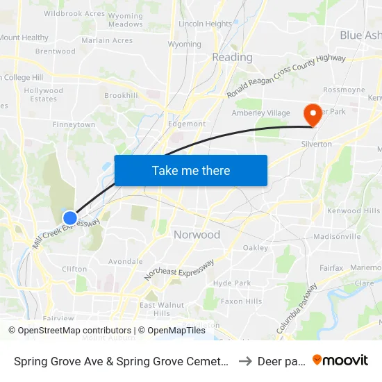Spring Grove Ave & Spring Grove Cemetary to Deer park map