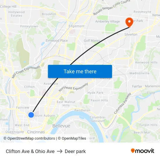 Clifton Ave & Ohio Ave to Deer park map