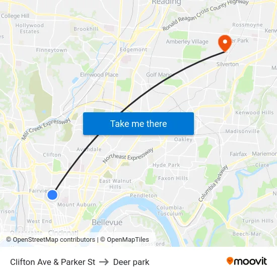 Clifton Ave & Parker St to Deer park map