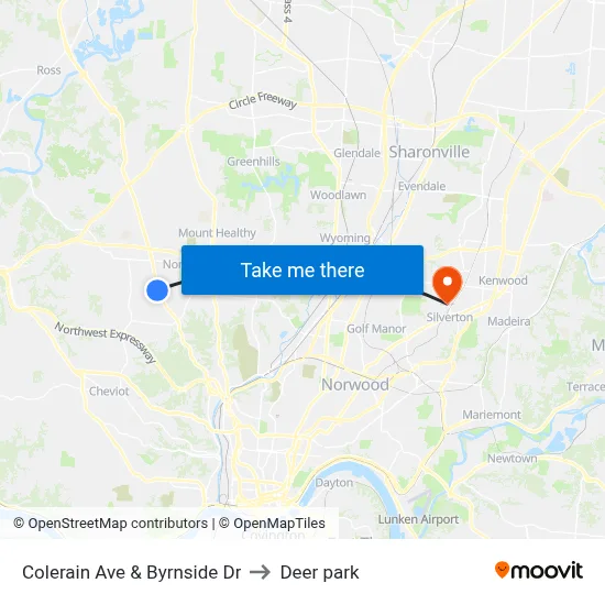Colerain Ave & Byrnside Dr to Deer park map