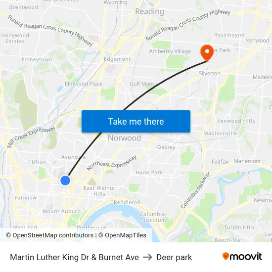 Martin Luther King Dr & Burnet Ave to Deer park map