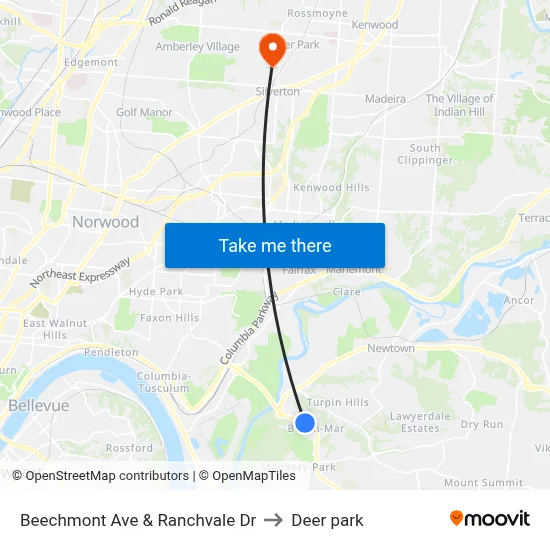 Beechmont Ave & Ranchvale Dr to Deer park map