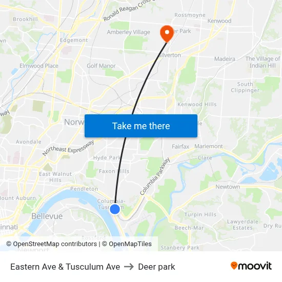 Eastern Ave & Tusculum Ave to Deer park map