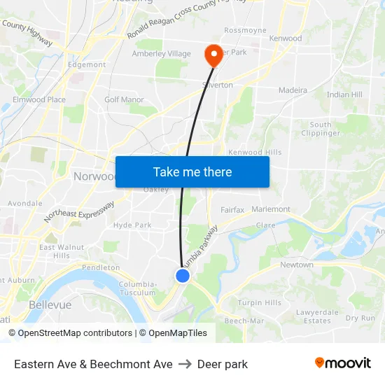 Eastern Ave & Beechmont Ave to Deer park map