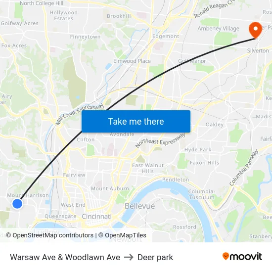Warsaw Ave & Woodlawn Ave to Deer park map