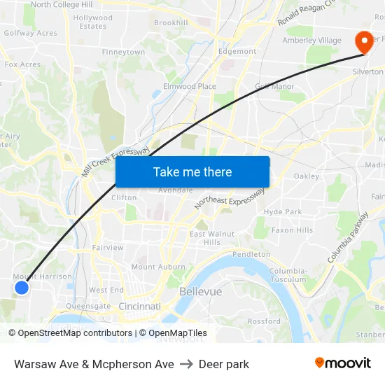 Warsaw Ave & Mcpherson Ave to Deer park map