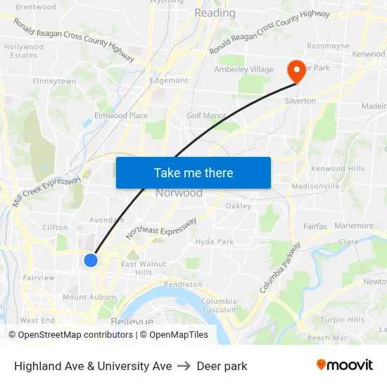 Highland Ave & University Ave to Deer park map