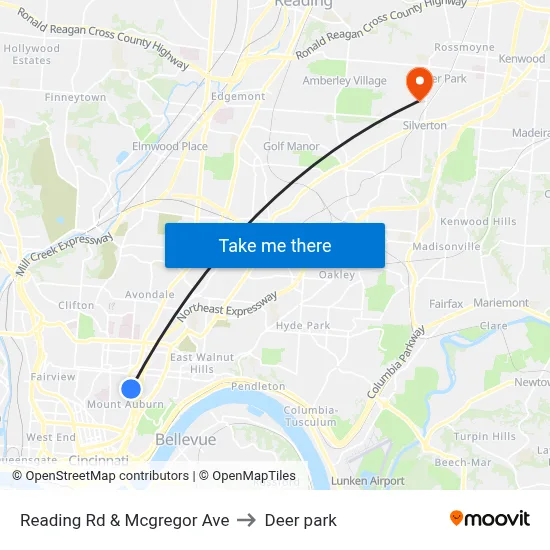 Reading Rd & Mcgregor Ave to Deer park map
