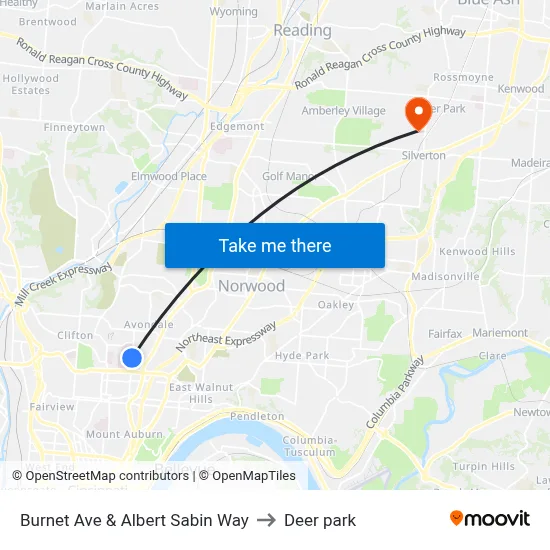 Burnet Ave & Albert Sabin Way to Deer park map