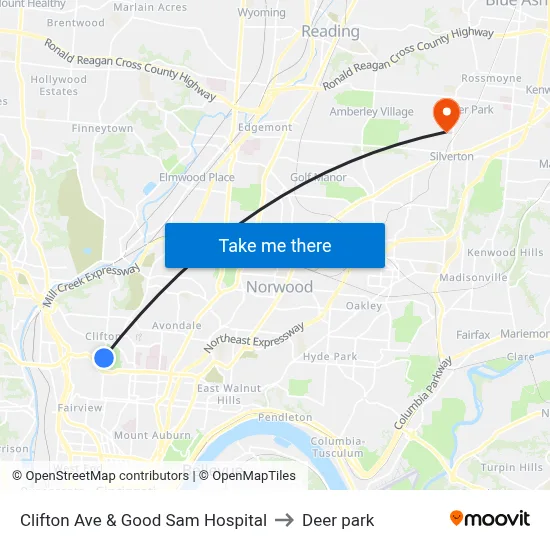 Clifton Ave & Good Sam Hospital to Deer park map