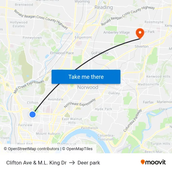 Clifton Ave & M.L. King Dr to Deer park map