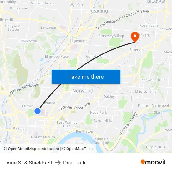 Vine St & Shields St to Deer park map