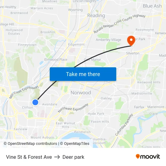 Vine St & Forest Ave to Deer park map