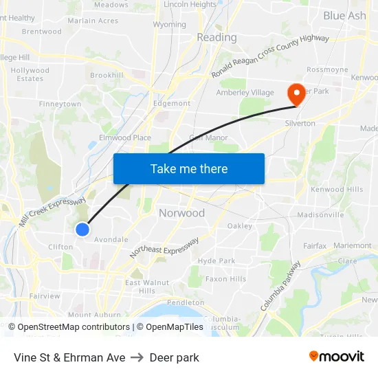 Vine St & Ehrman Ave to Deer park map