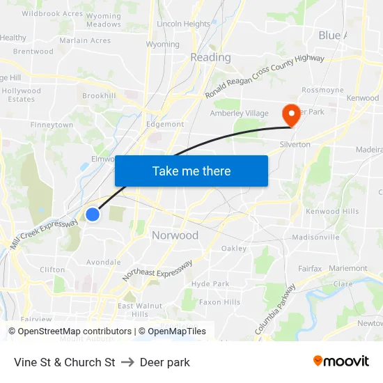 Vine St & Church St to Deer park map