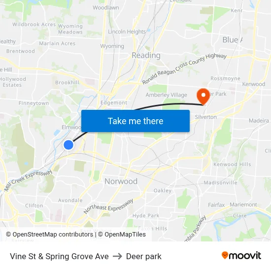 Vine St & Spring Grove Ave to Deer park map