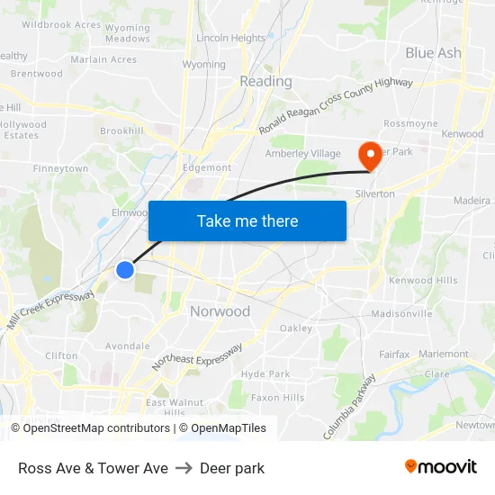 Ross Ave & Tower Ave to Deer park map