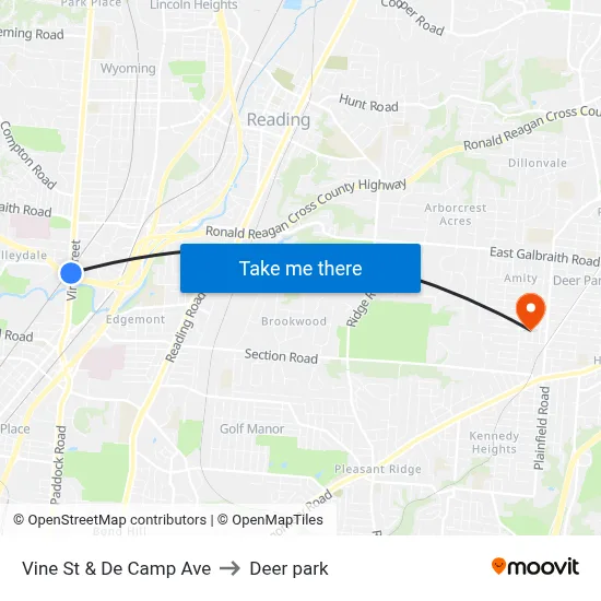 Vine St & De Camp Ave to Deer park map