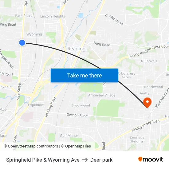 Springfield Pike & Wyoming Ave to Deer park map