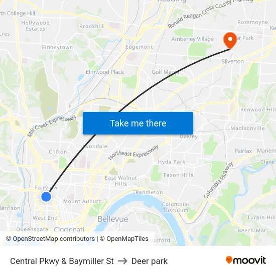 Central Pkwy & Baymiller St to Deer park map