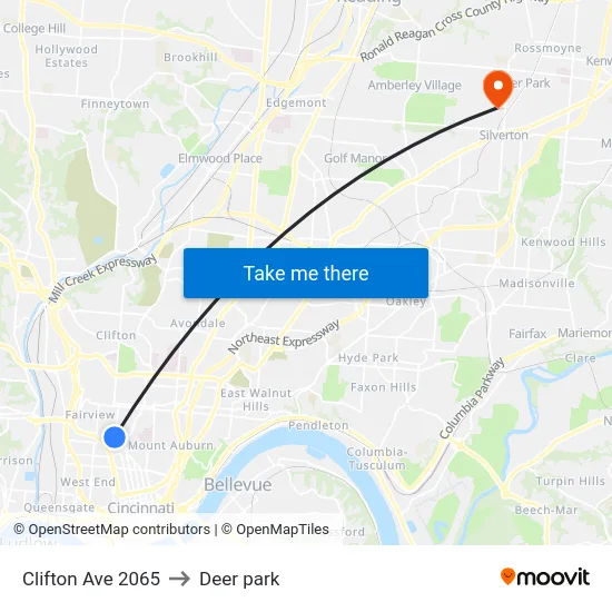 Clifton Ave 2065 to Deer park map