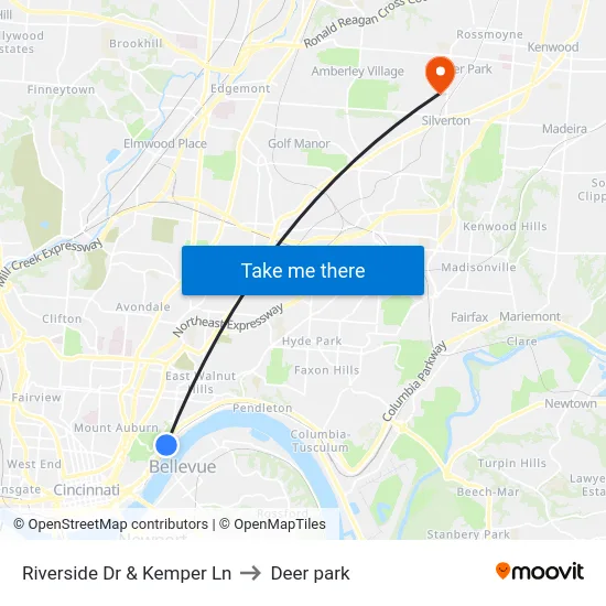 Riverside Dr & Kemper Ln to Deer park map