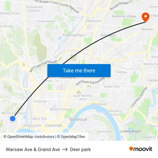 Warsaw Ave & Grand Ave to Deer park map