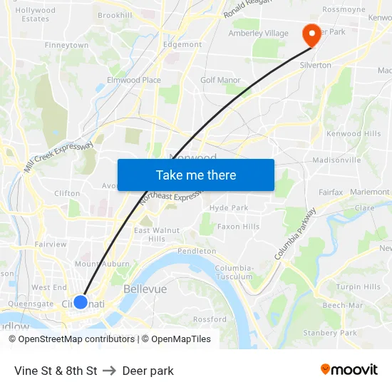 Vine St & 8th St to Deer park map