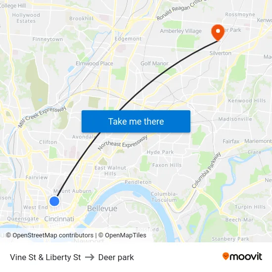 Vine St & Liberty St to Deer park map