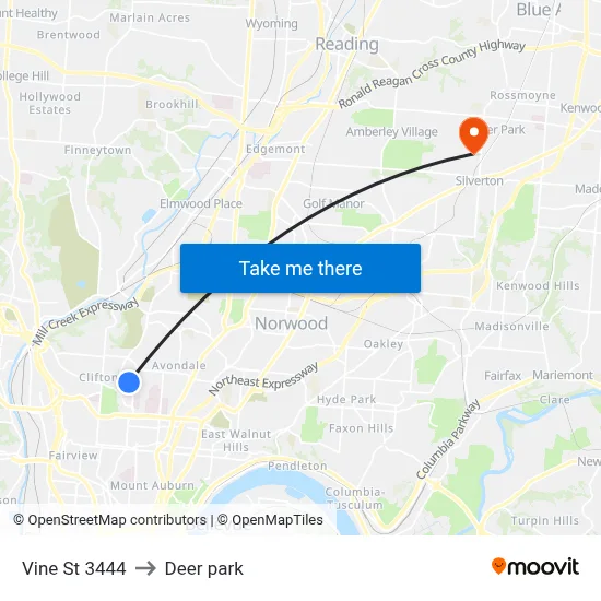 Vine St 3444 to Deer park map