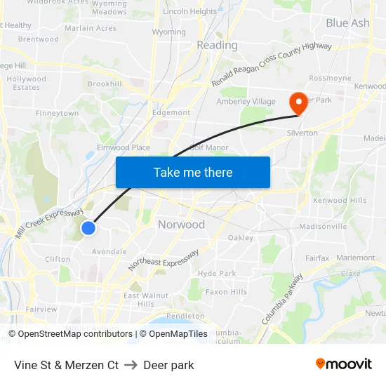 Vine St & Merzen Ct to Deer park map