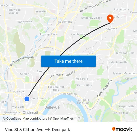 Vine St & Clifton Ave to Deer park map