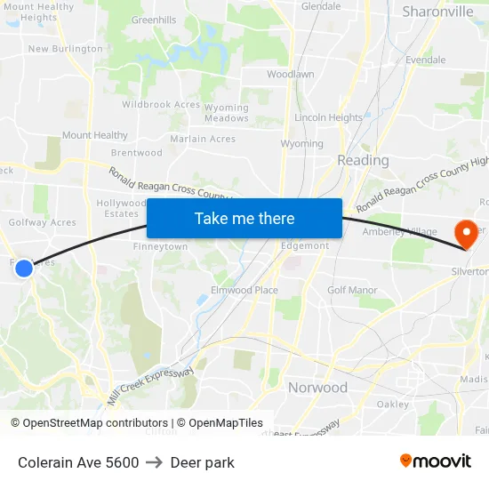 Colerain Ave 5600 to Deer park map