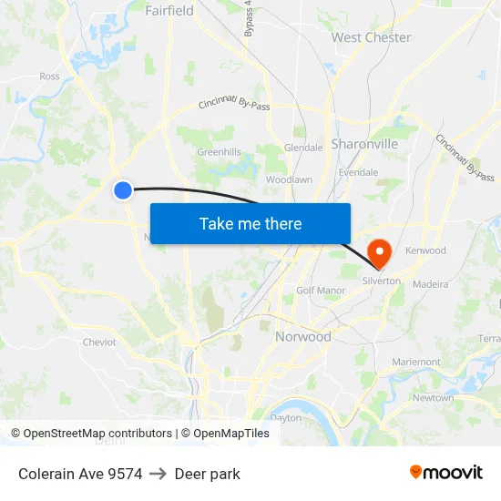 Colerain Ave 9574 to Deer park map