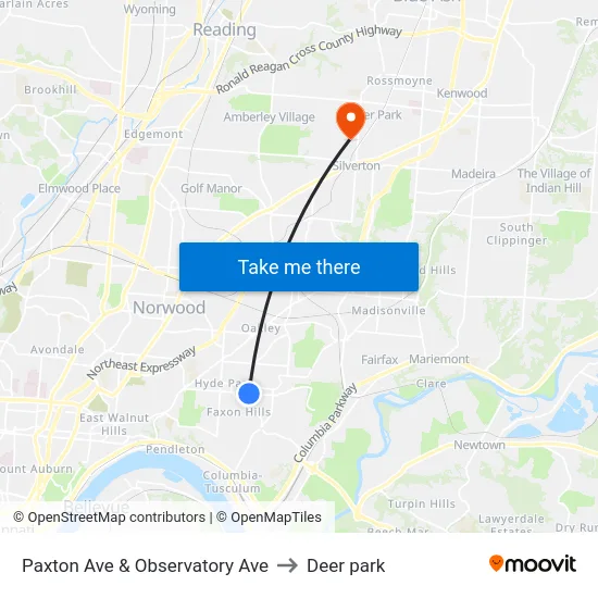 Paxton Ave & Observatory Ave to Deer park map