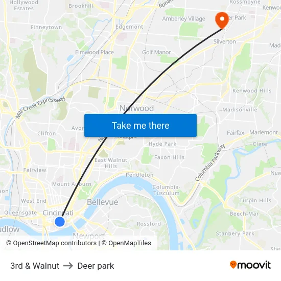 3rd & Walnut to Deer park map