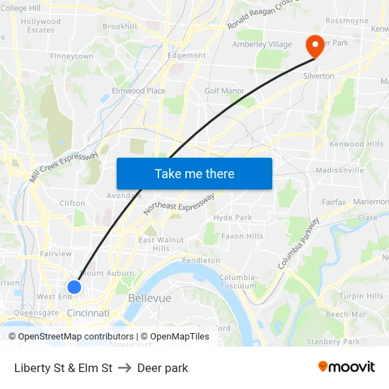 Liberty St & Elm St to Deer park map