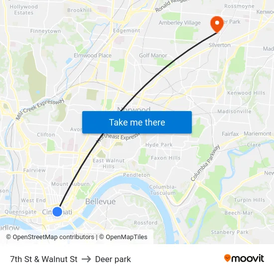 7th St & Walnut St to Deer park map