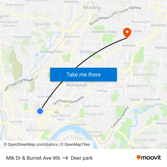 Mlk Dr & Burnet Ave Wb to Deer park map