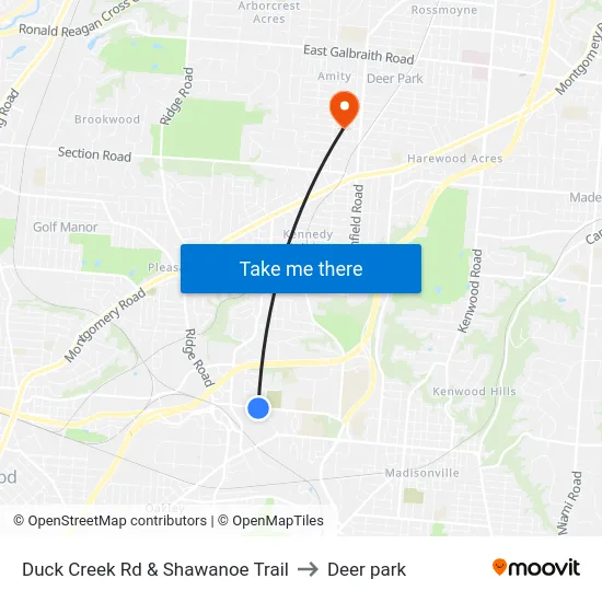 Duck Creek Rd & Shawanoe Trail to Deer park map