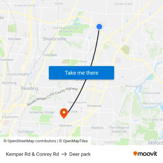 Kemper Rd & Conrey Rd to Deer park map