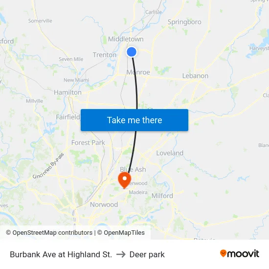 Burbank Ave at Highland St. to Deer park map