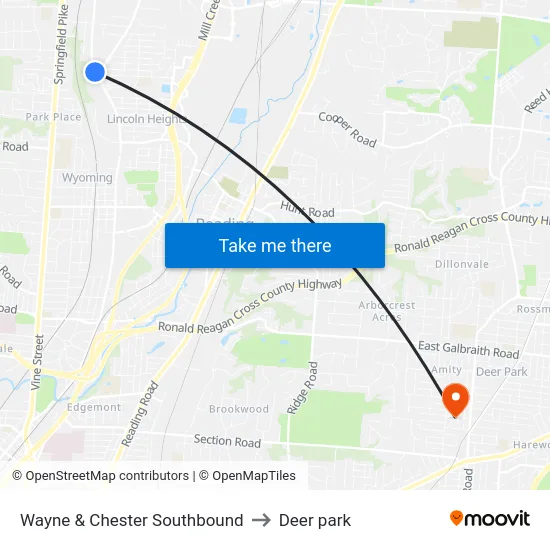 Wayne & Chester Southbound to Deer park map